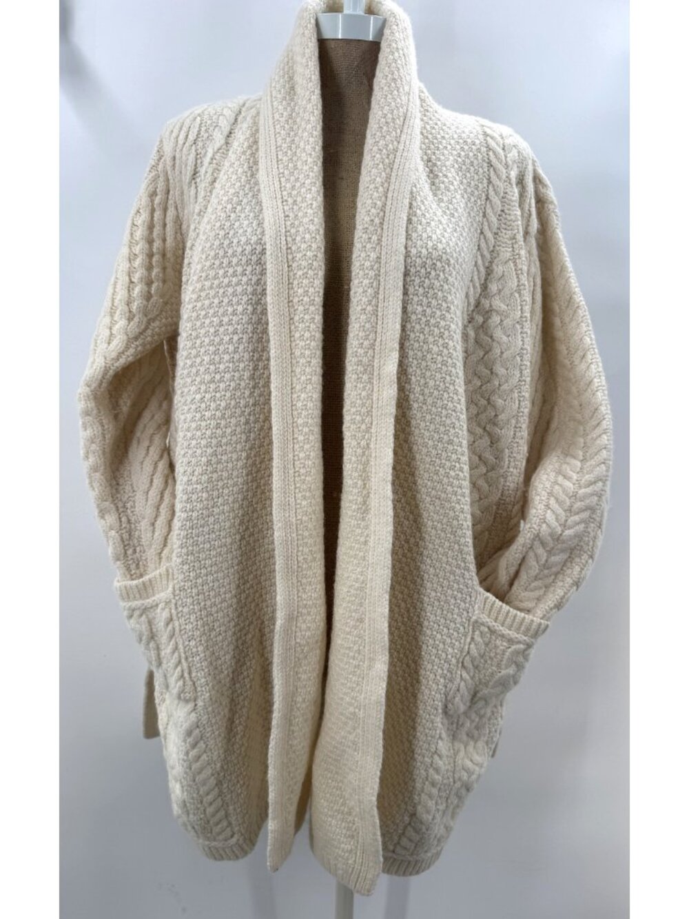 Vintage Aran Mor Oatmeal Irish Wool Cardigan Coat Pockets Ribbed Jacket Sz L